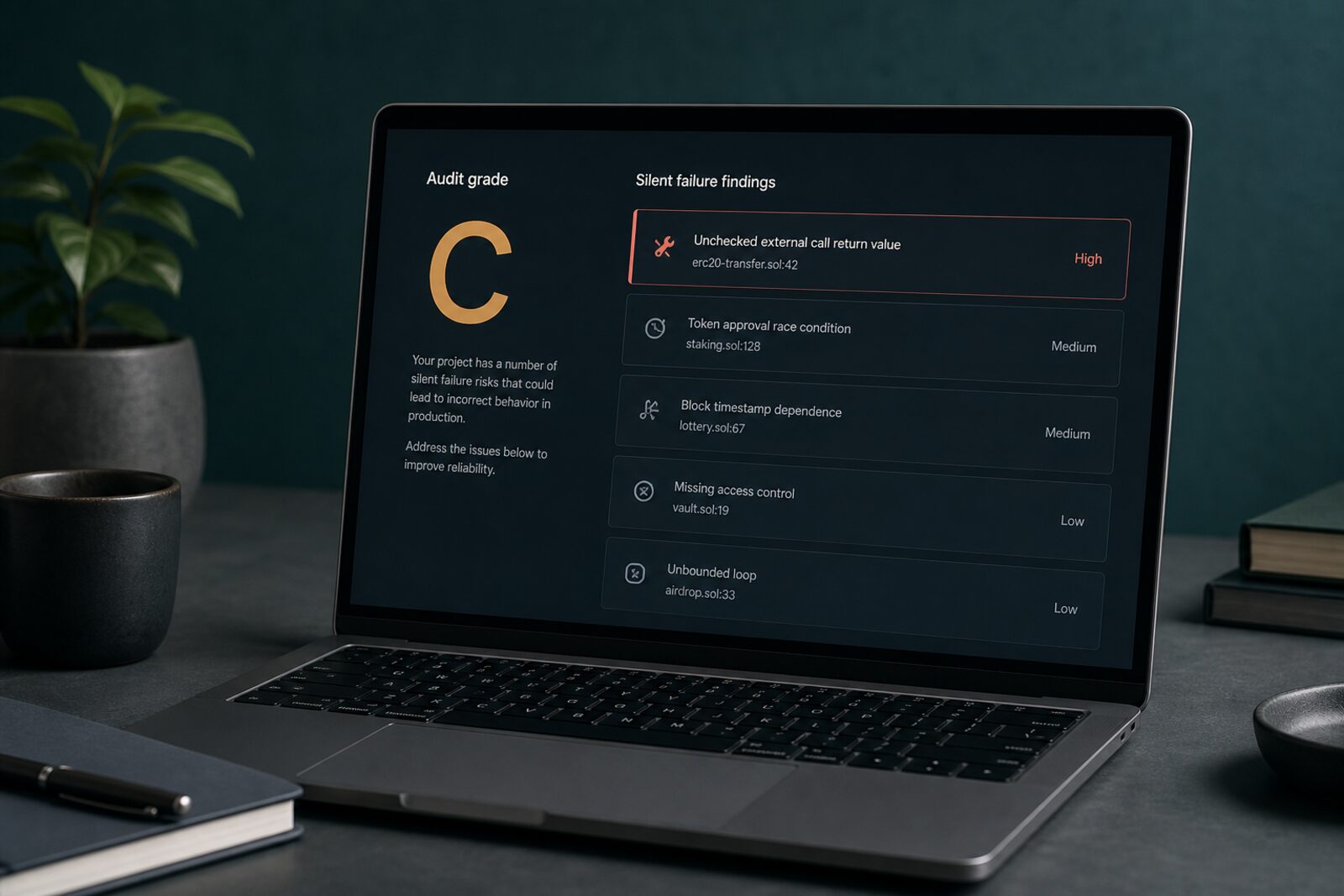 Laptop showing a Leaptr graded report with silent failure findings, on a calm desk